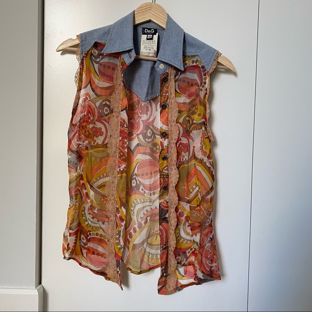 Dolce & Gabbana Vintage Sheer Silk Chiffon & Chambray Sleeveless Blouse